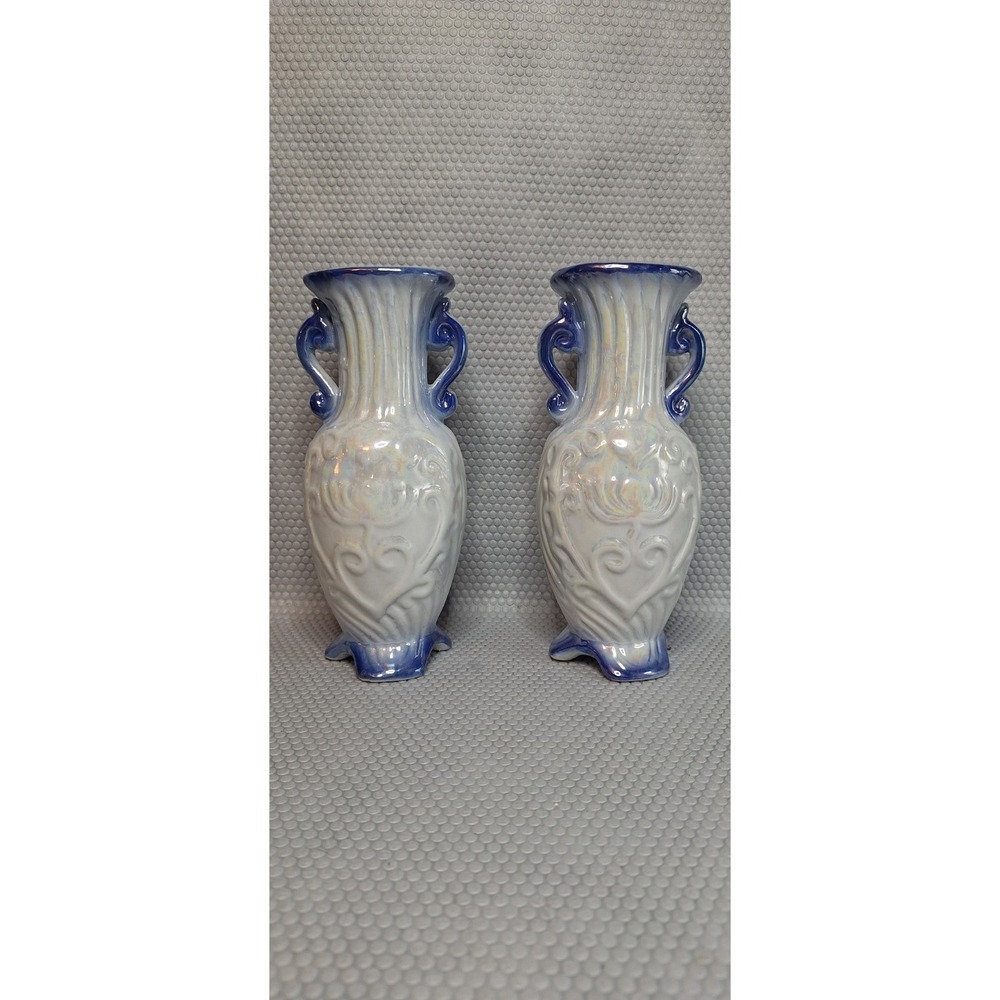 Vintage Lefton Porcelain 2 Handled 3D Floral Vases ~ 7" x 3" Blue Glazed - Picture 3 of 7